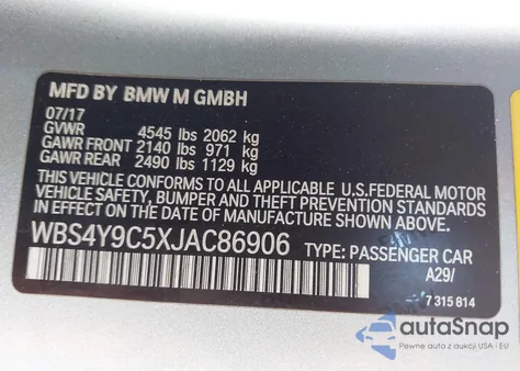 2018 BMW M4 from USA, damaged, VIN WBS4Y9C5XJAC86906